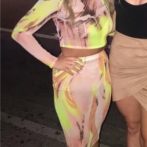 Abstract Long Sleeve Sheer Crop Top and Skirt Set in Neon Yellow & Peach